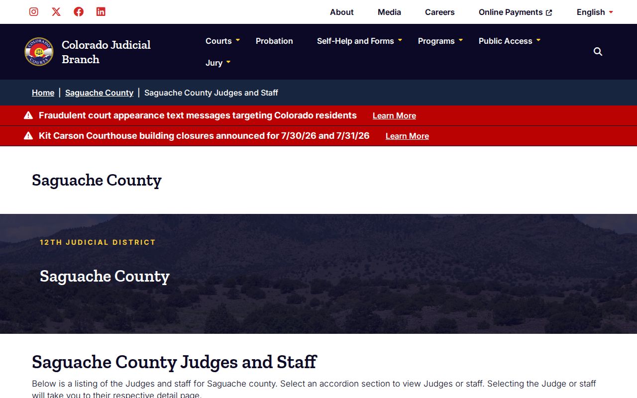 Saguache County Clerk of Court judges and staff records page