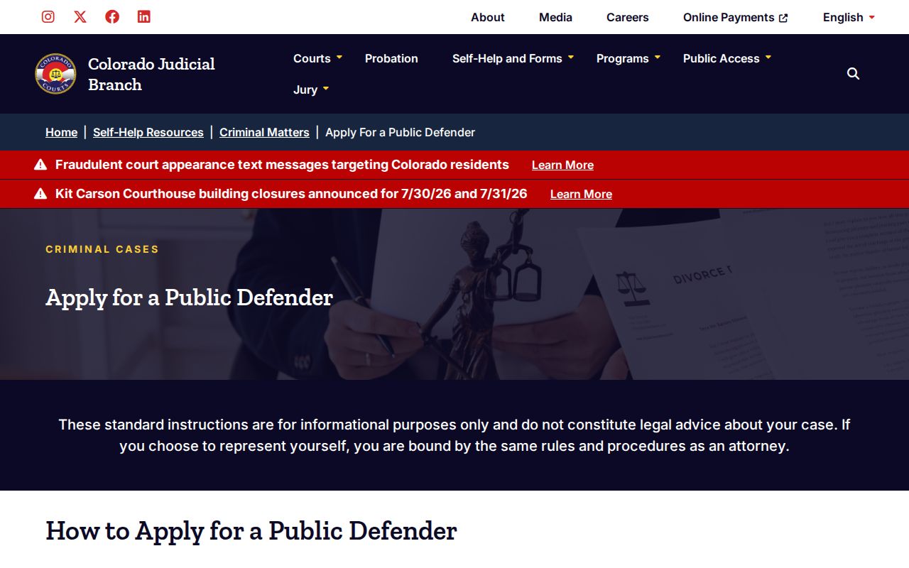 Colorado Judicial Branch public defender application help page