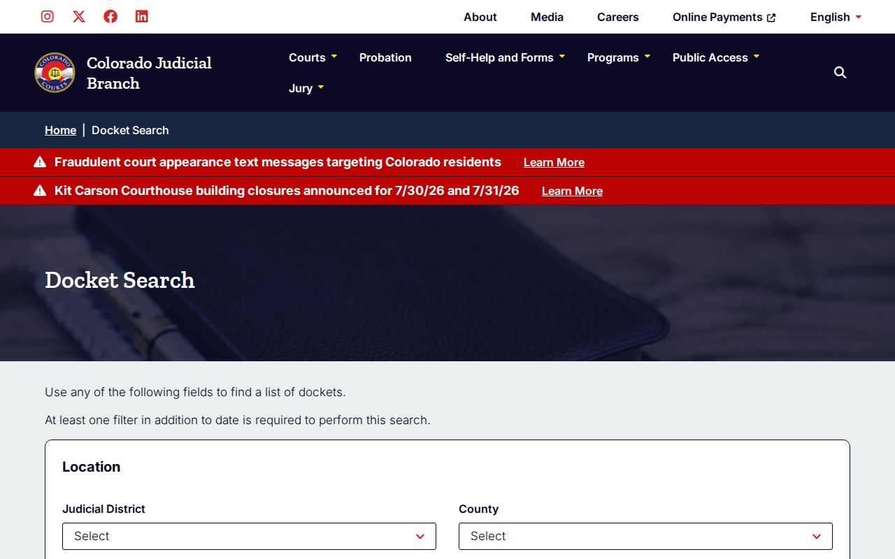 Colorado Judicial Branch docket search for Saguache County court dockets