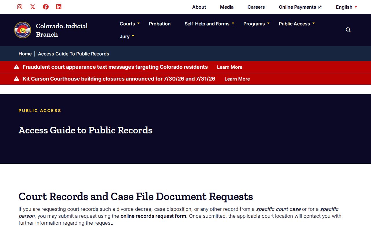 Colorado Judicial Branch public records access guide for court records