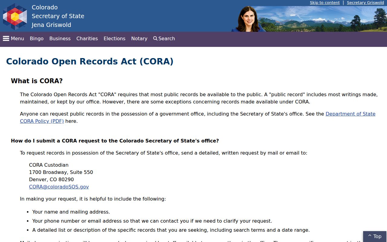 Colorado Secretary of State CORA public records overview