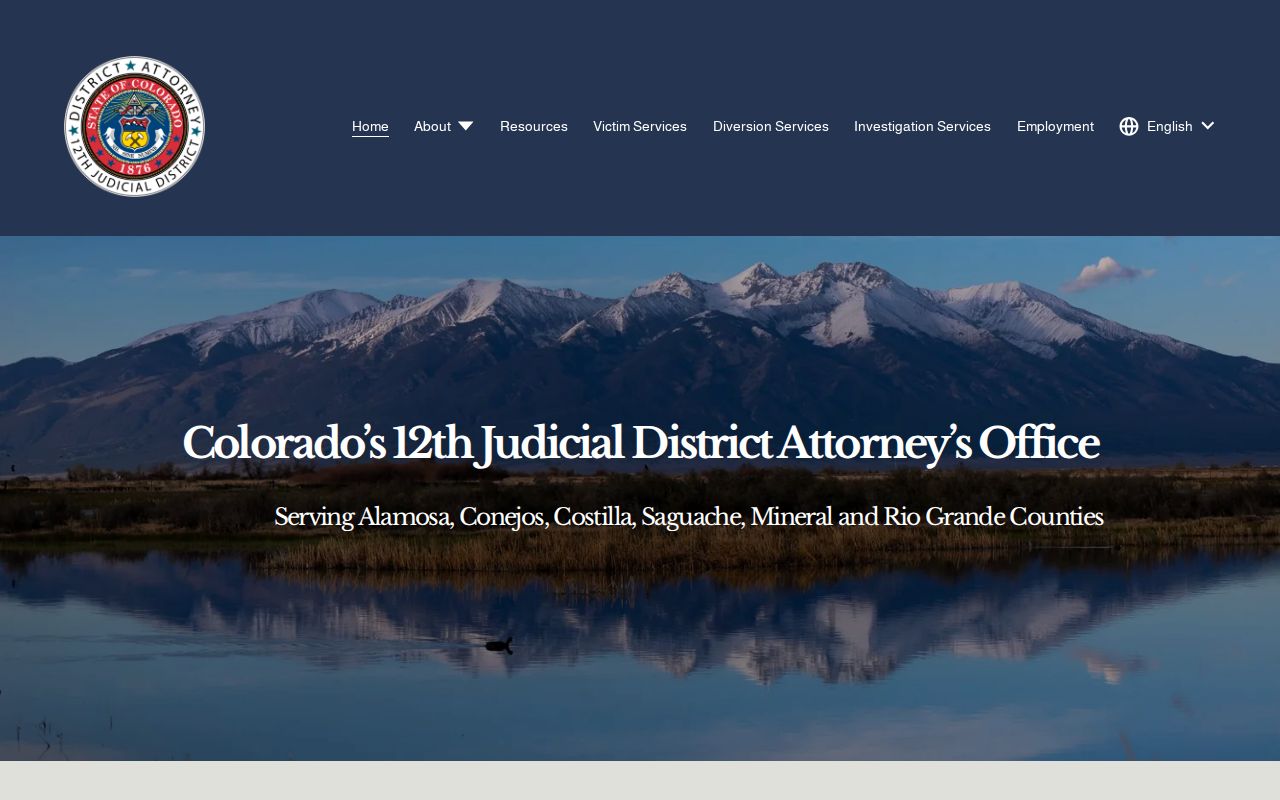 12th Judicial District Attorney website serving Saguache County criminal cases