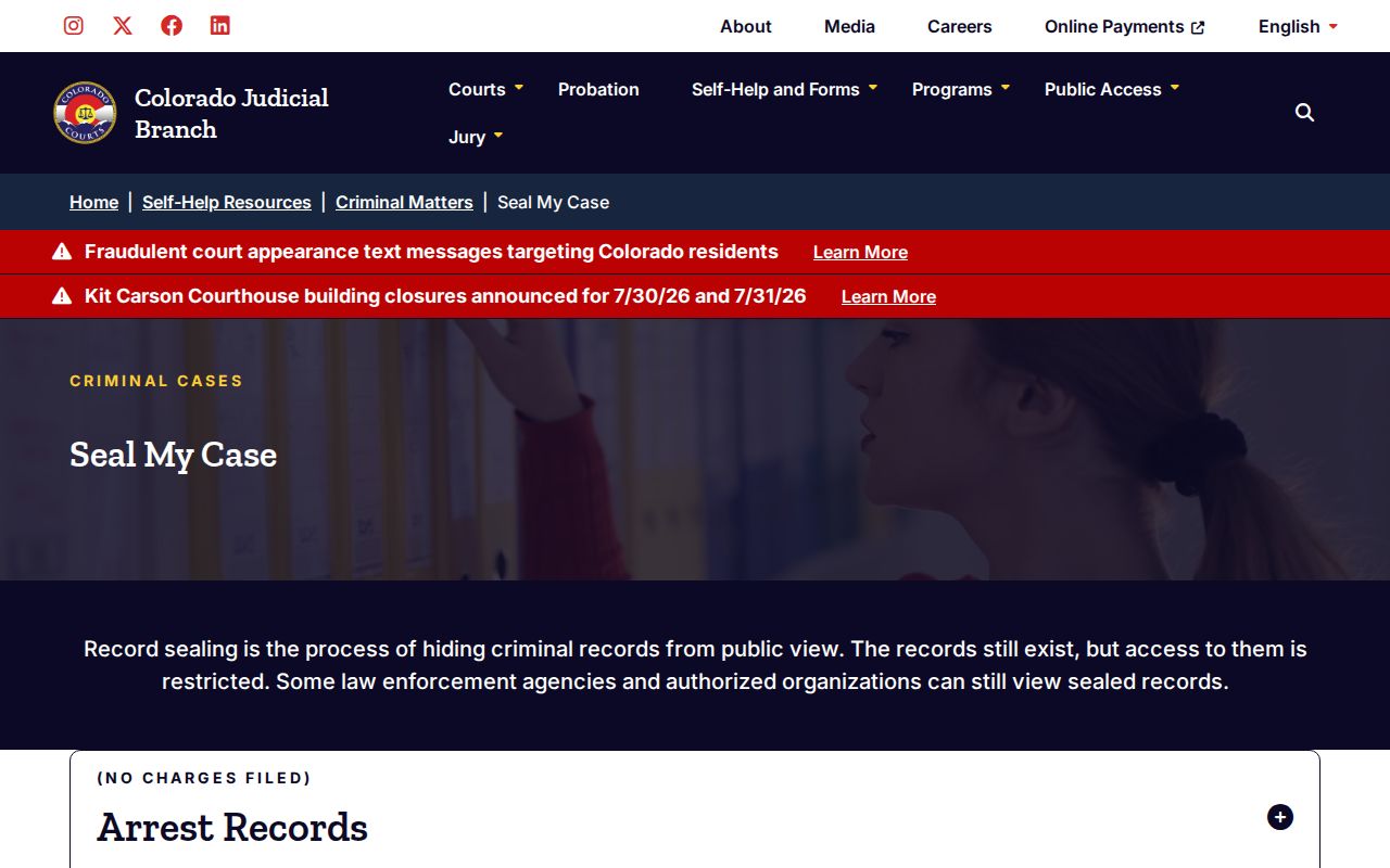 Colorado Judicial Branch sealing self-help page for criminal court records