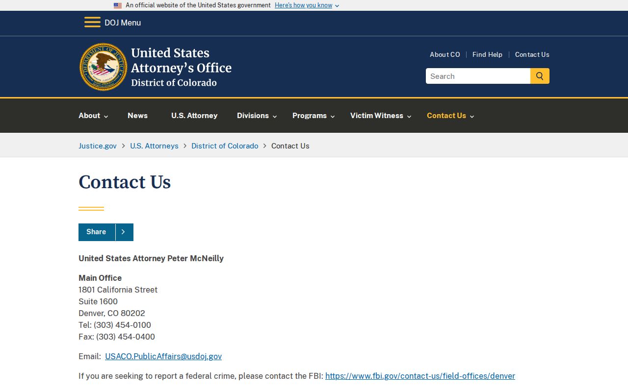Saguache County District Court federal U.S. Attorney contact context