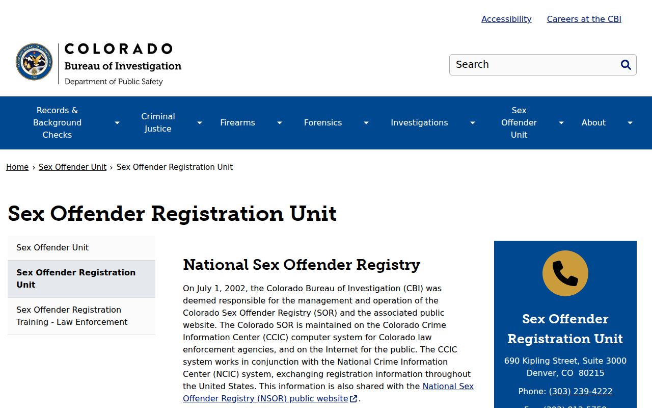 CBI Sex Offender Registration Unit contact page