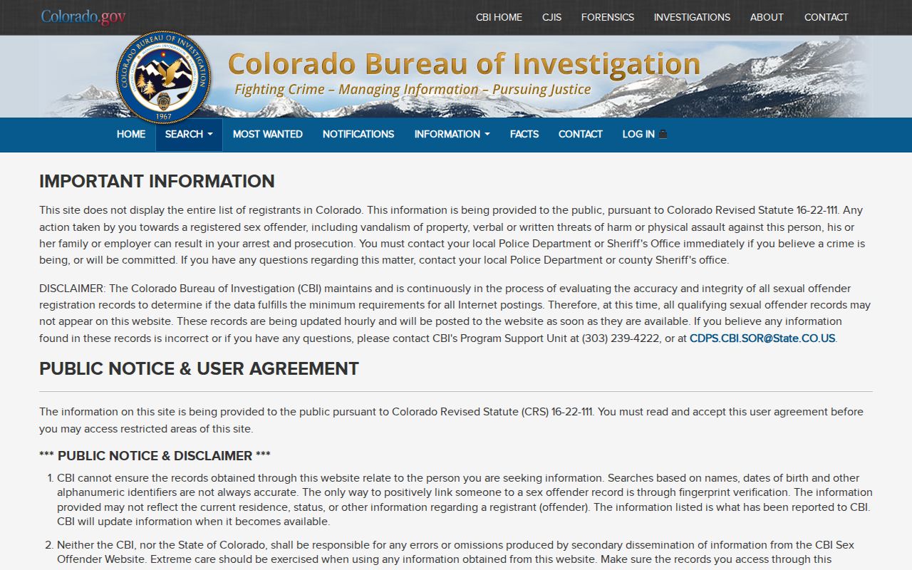 Colorado Bureau of Investigation sex offender registry search agreement page
