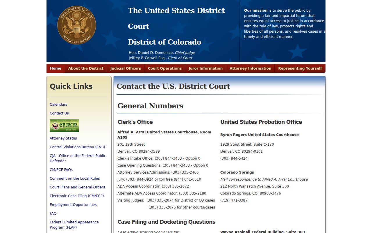 U.S. District Court for the District of Colorado contact page