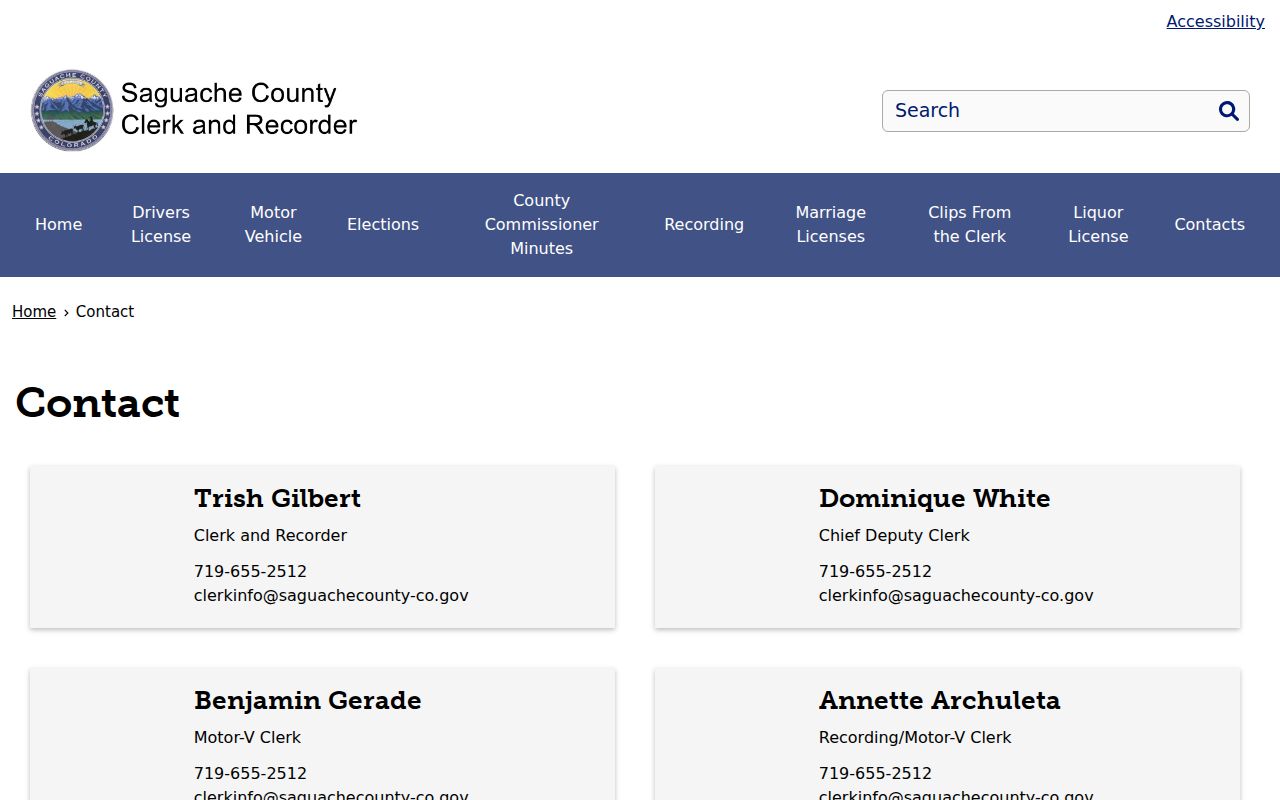Saguache County Clerk and Recorder contacts page