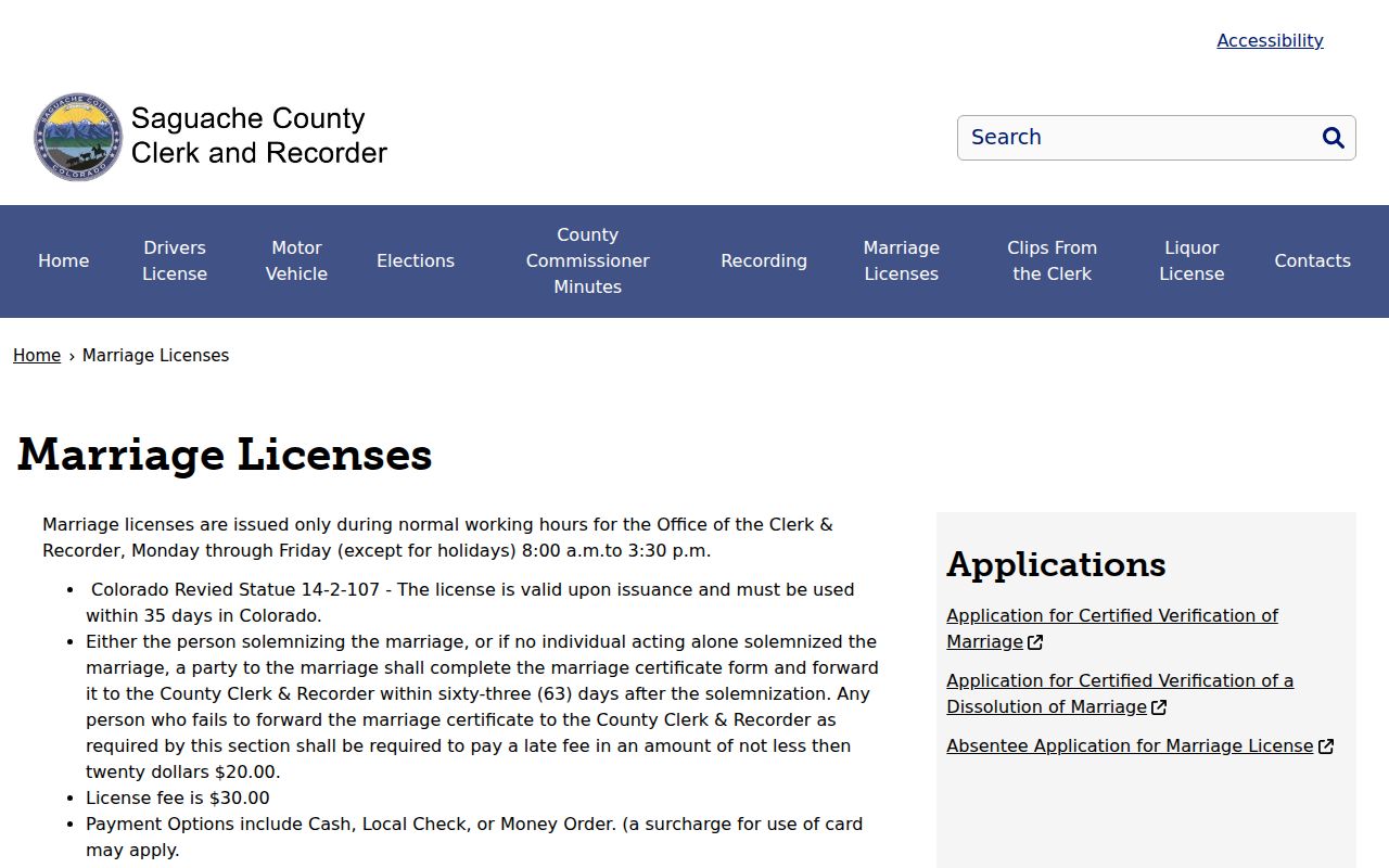 Saguache County marriage license page