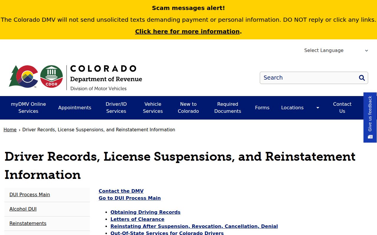 Colorado DMV driver records and reinstatements page