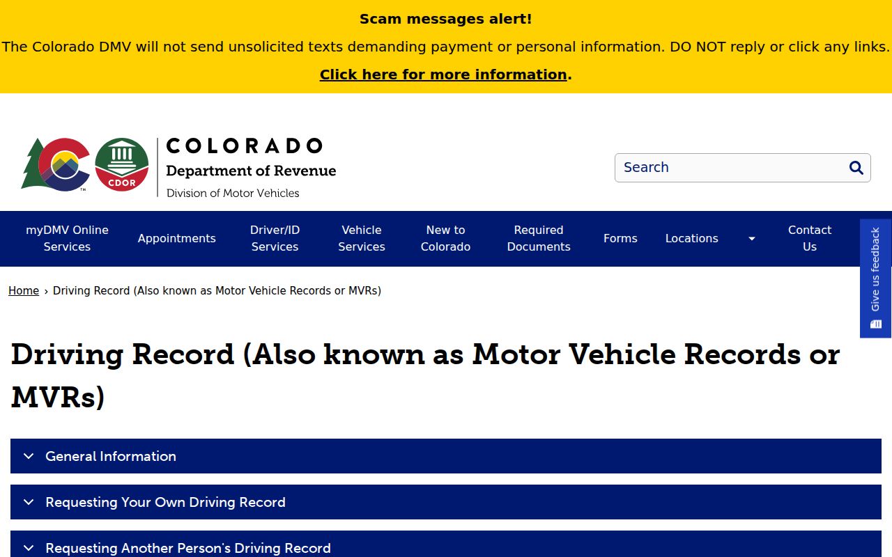 Colorado DMV motor vehicle record instructions