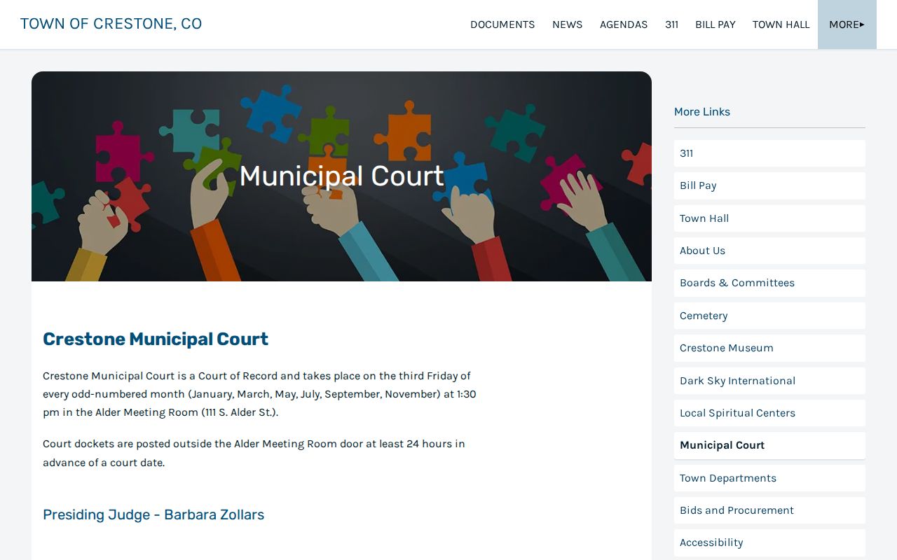 Crestone Municipal Court page with municipal court schedule and docket posting details