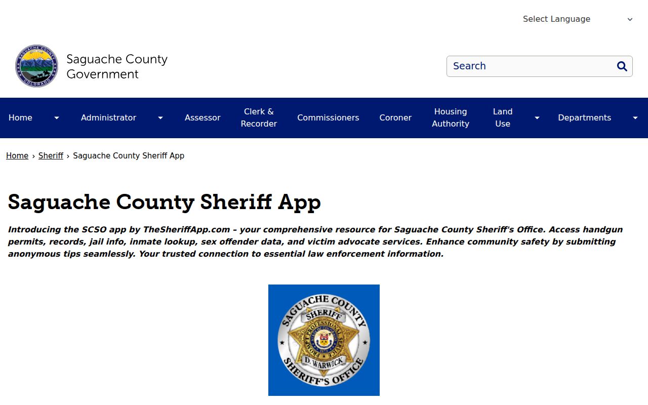 Saguache County Sheriff app page with records and jail features